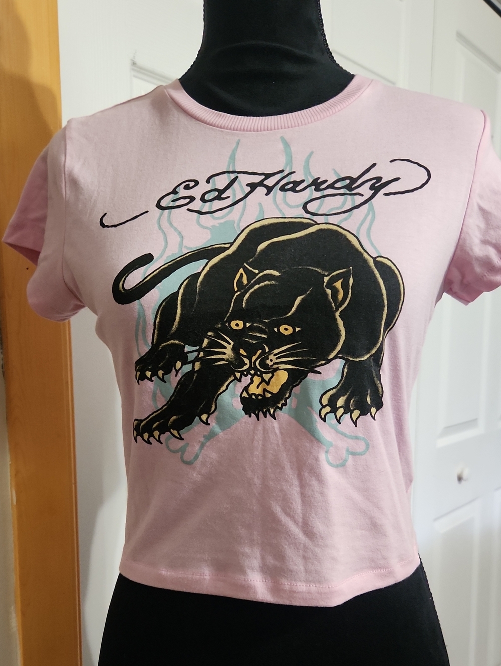 Ed Hardy Pink Tee with Black Panther Graphic